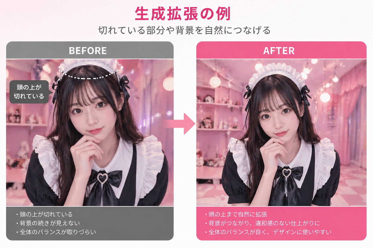 生成拡張による切れた部分の自然な補完BEFORE/AFTER