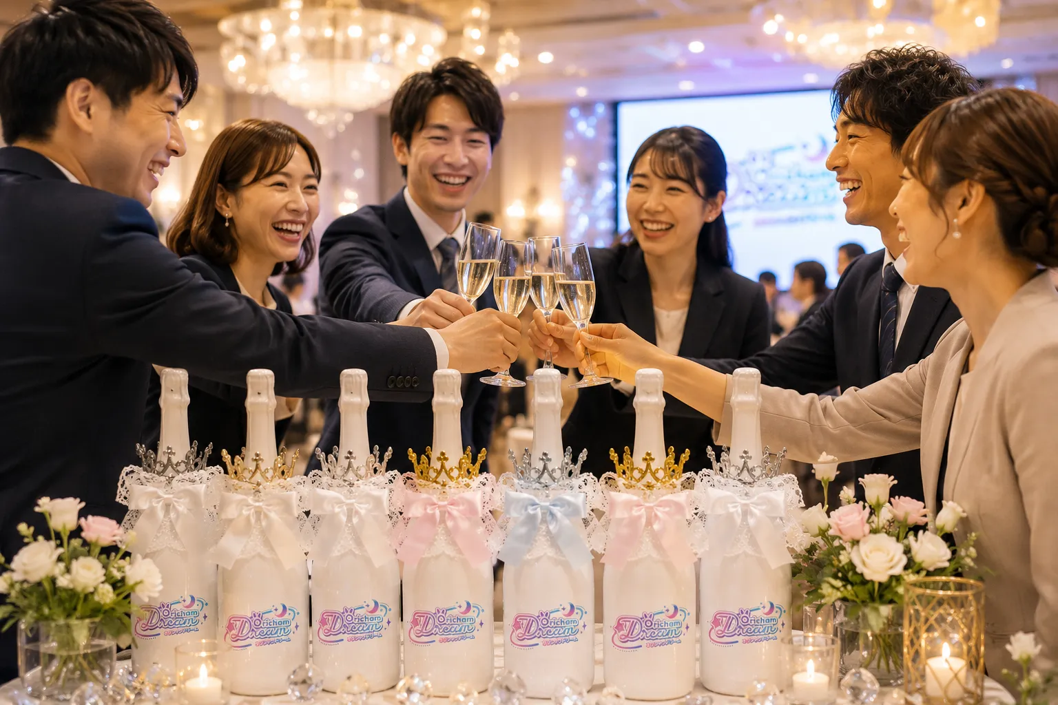 周年パーティーでシャンパングラスを持って乾杯する様子